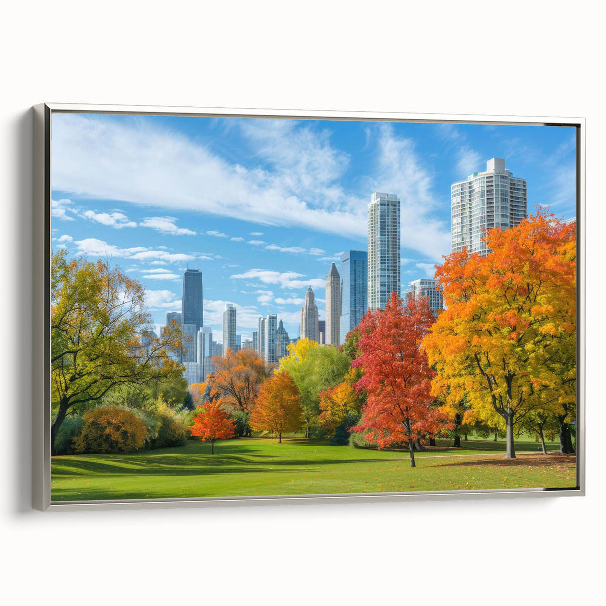 Landscape art painting featuring a vintage poster-style cityscape with colorful buildings on black background.