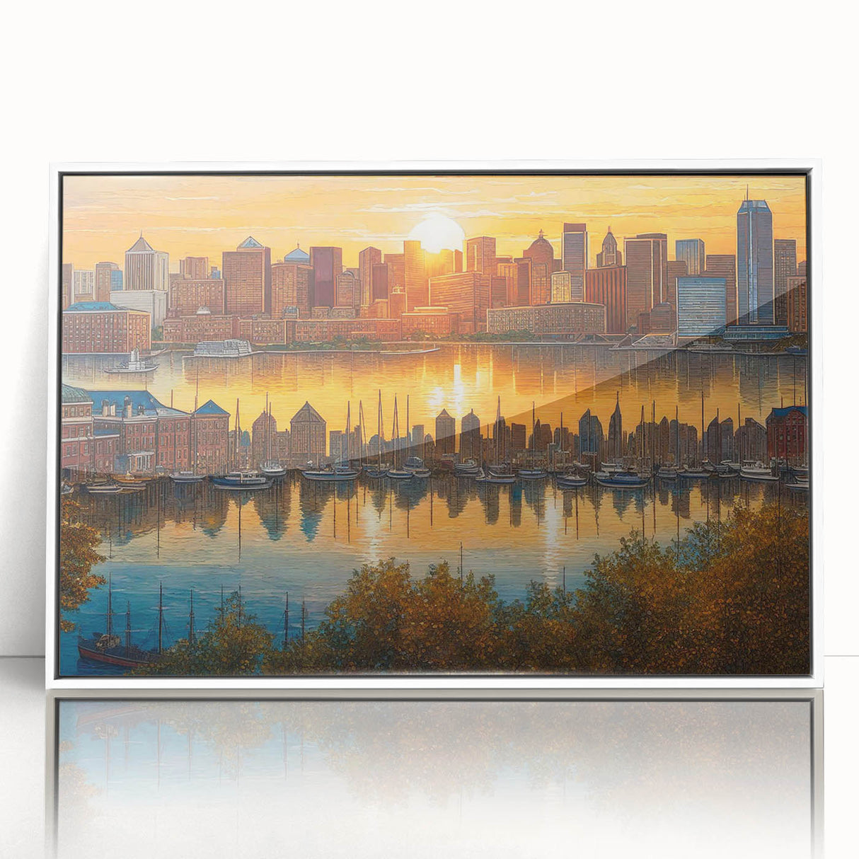 Art deco poster of a stylized cityscape in muted gold and navy tones on canvas.