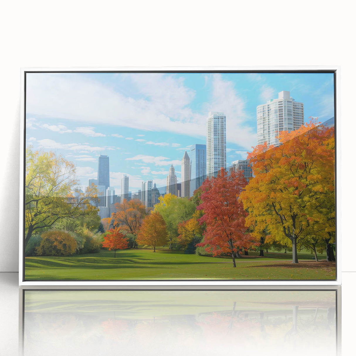 Art deco poster of a stylized cityscape in muted gray and blue tones on canvas.