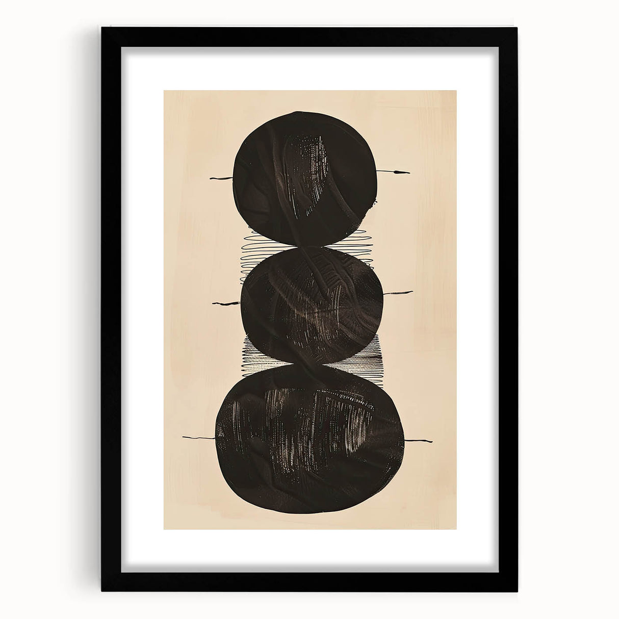 Abstract Geometric Framed Art – Minimalist Black Circles on Beige