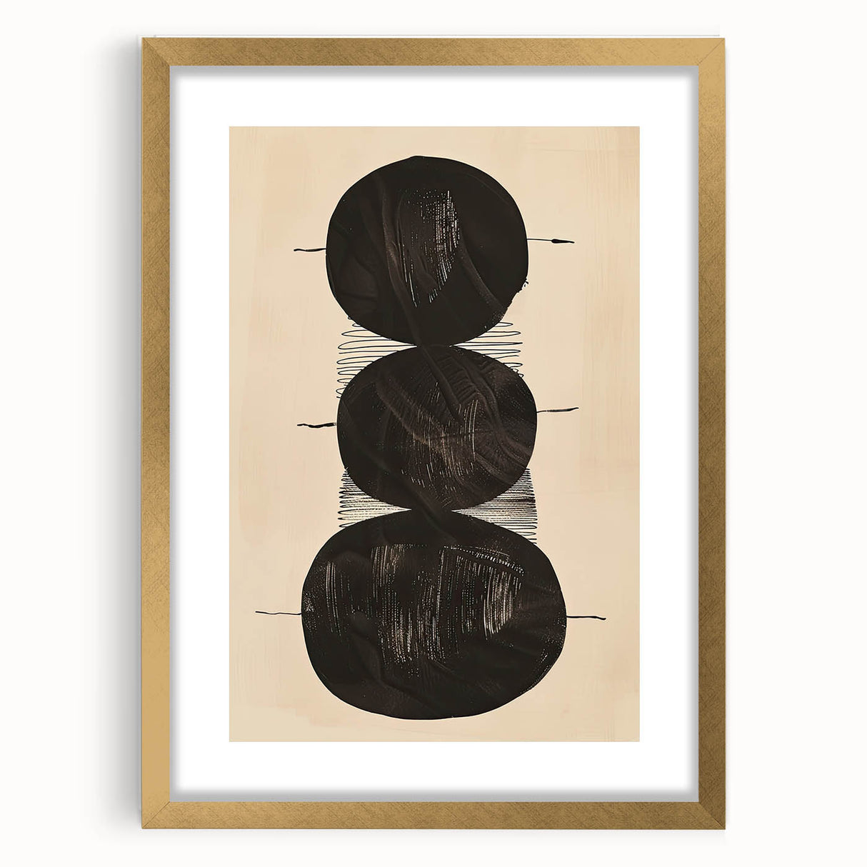 Abstract Geometric Framed Art – Minimalist Black Circles on Beige
