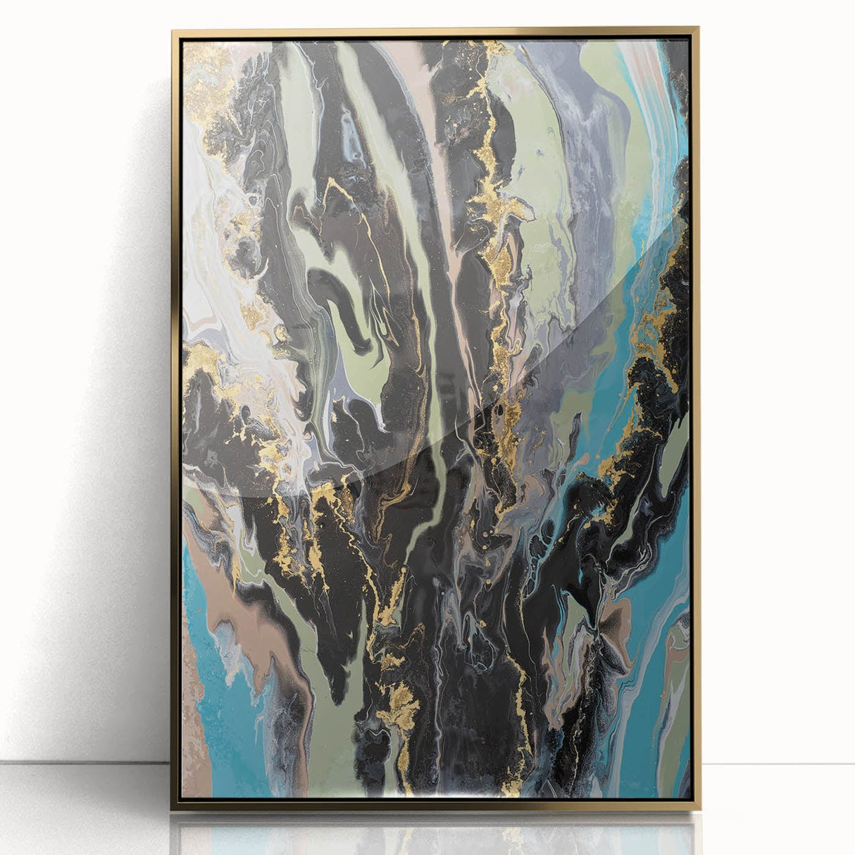 Large Abstract Wall Art – Moody Fluid Painting with Gold Accents