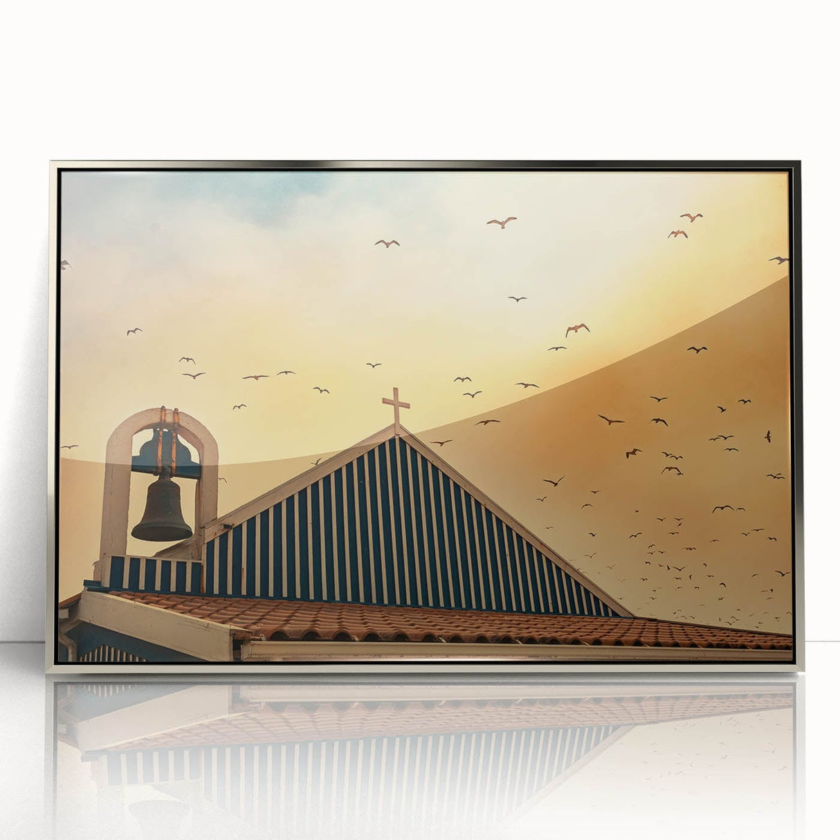 Modern urban landscape art – Church rooftop with sunset sky print