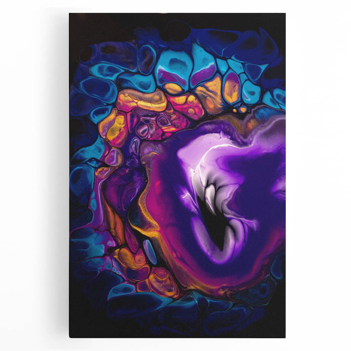 Abstract Fluid Canvas Art – Purple, Blue & Gold Swirl Painting
