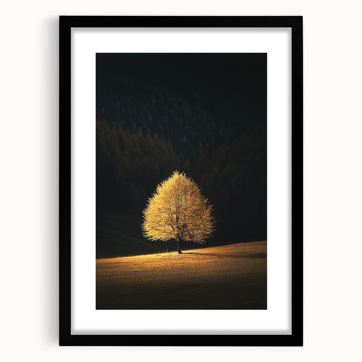 Minimalist Mountain Wall Art – Golden Tree in Sunlight Print