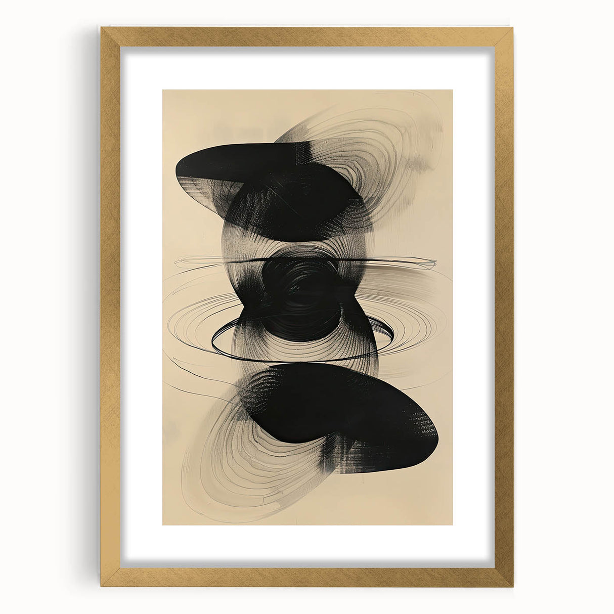 Geometric Minimalist Abstract Wall Art – Black Swirl on Beige Print