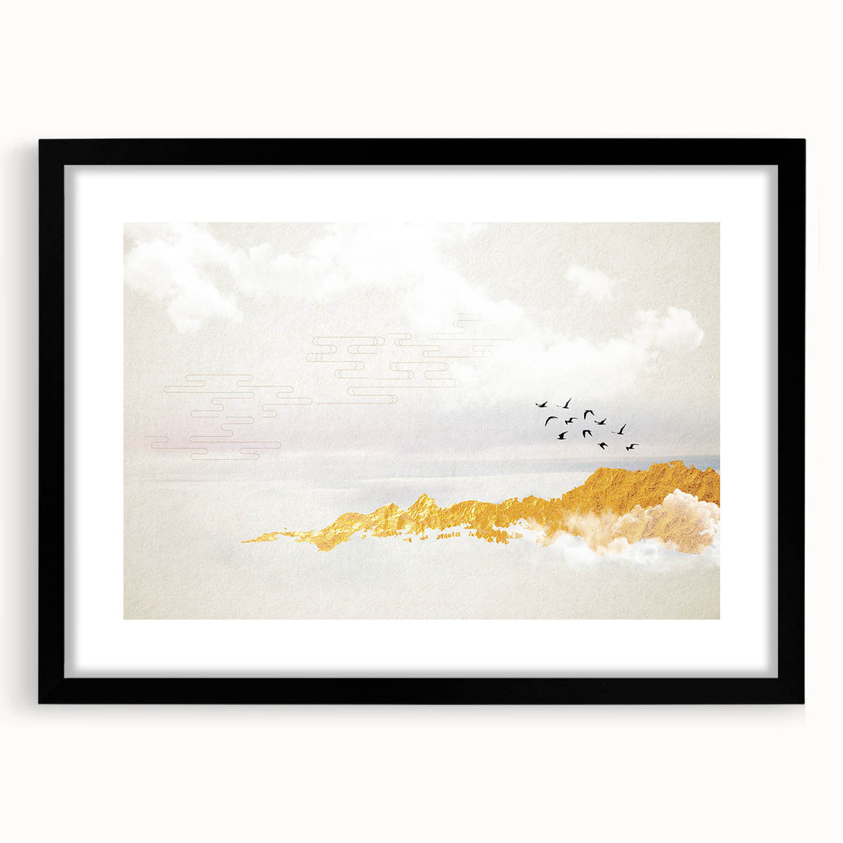 Elegant Zen Garden Wall Art – Golden Mountains & Birds