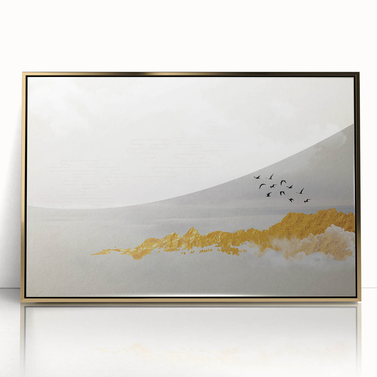 Elegant Zen Garden Wall Art – Golden Mountains & Birds