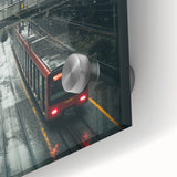 Modern Urban Landscape Art – Rainy Tram Through City Towers