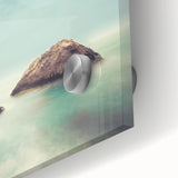 Minimalist Coastal Landscape Art – Misty Rock Island Ocean Scene