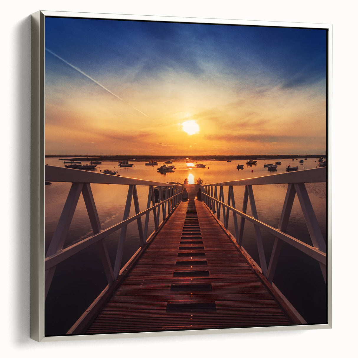 Minimalist Coastal Landscape Art – Sunset Pier with Boats Wall Print