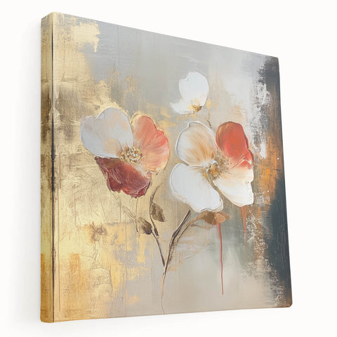 Elegant Abstract Floral Wall Art – Gold & Red Modern Canvas Print