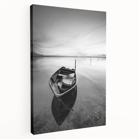 Black and White Minimalist Landscapes – Solitary Boat on Still Water Art
