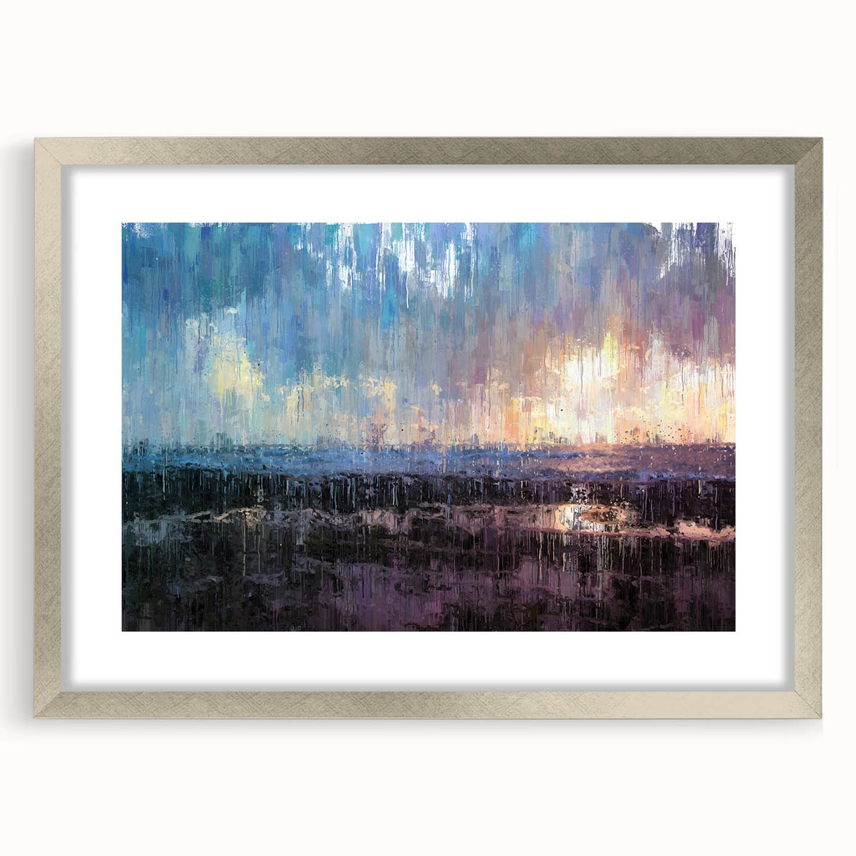 Abstract Minimalist Landscape Paintings – Blue and Violet Sunset Wall Art