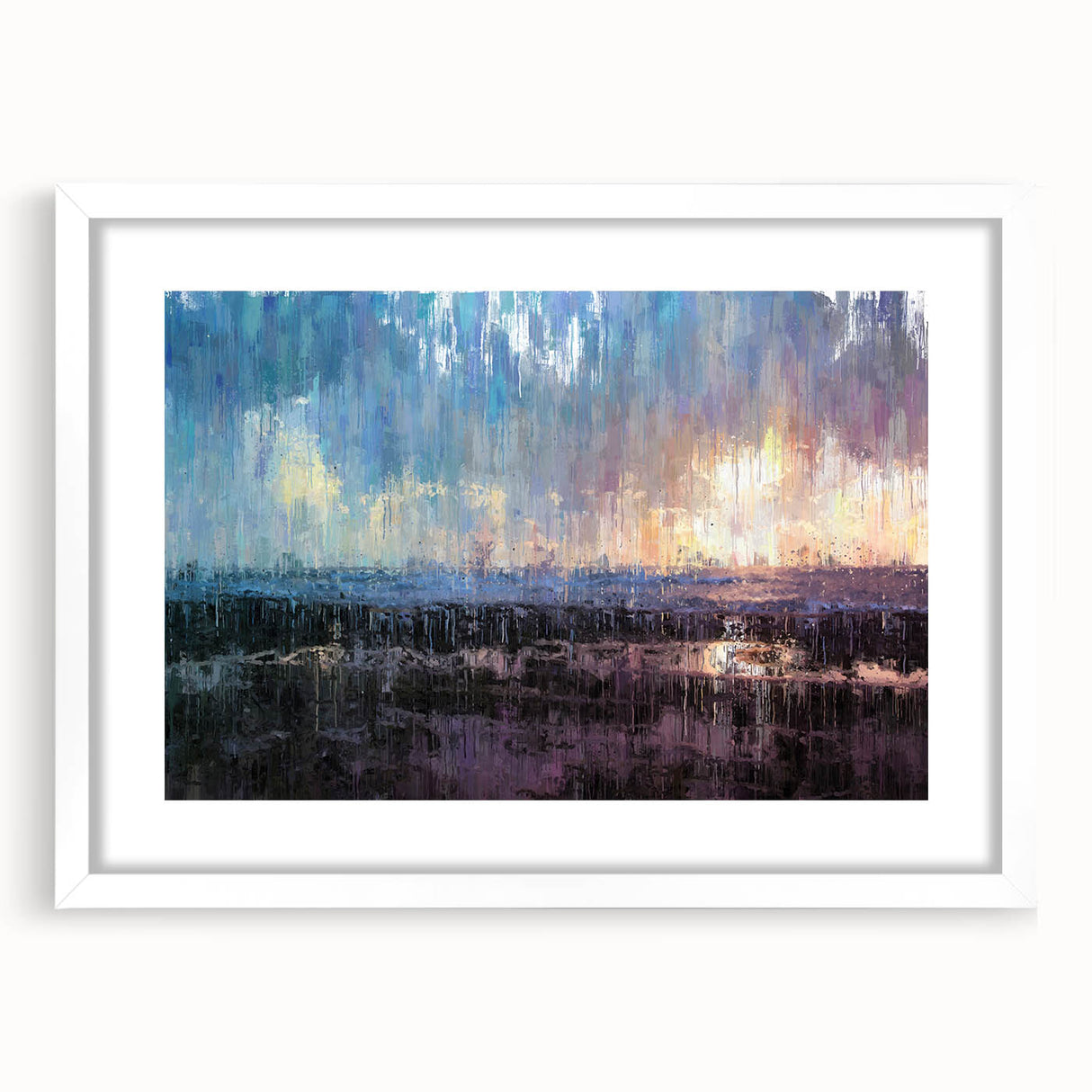 Abstract Minimalist Landscape Paintings – Blue and Violet Sunset Wall Art