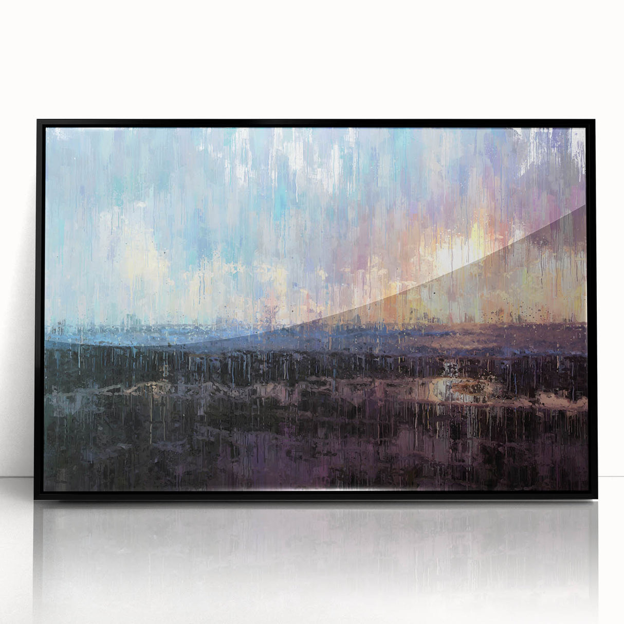 Abstract Minimalist Landscape Paintings – Blue and Violet Sunset Wall Art
