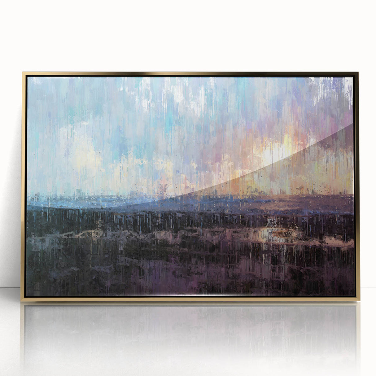 Abstract Minimalist Landscape Paintings – Blue and Violet Sunset Wall Art
