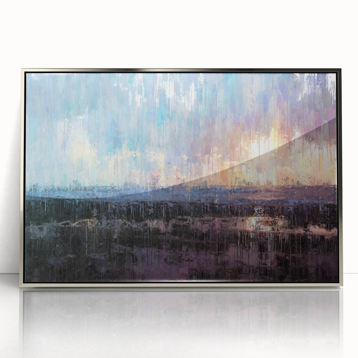 Abstract Minimalist Landscape Paintings – Blue and Violet Sunset Wall Art