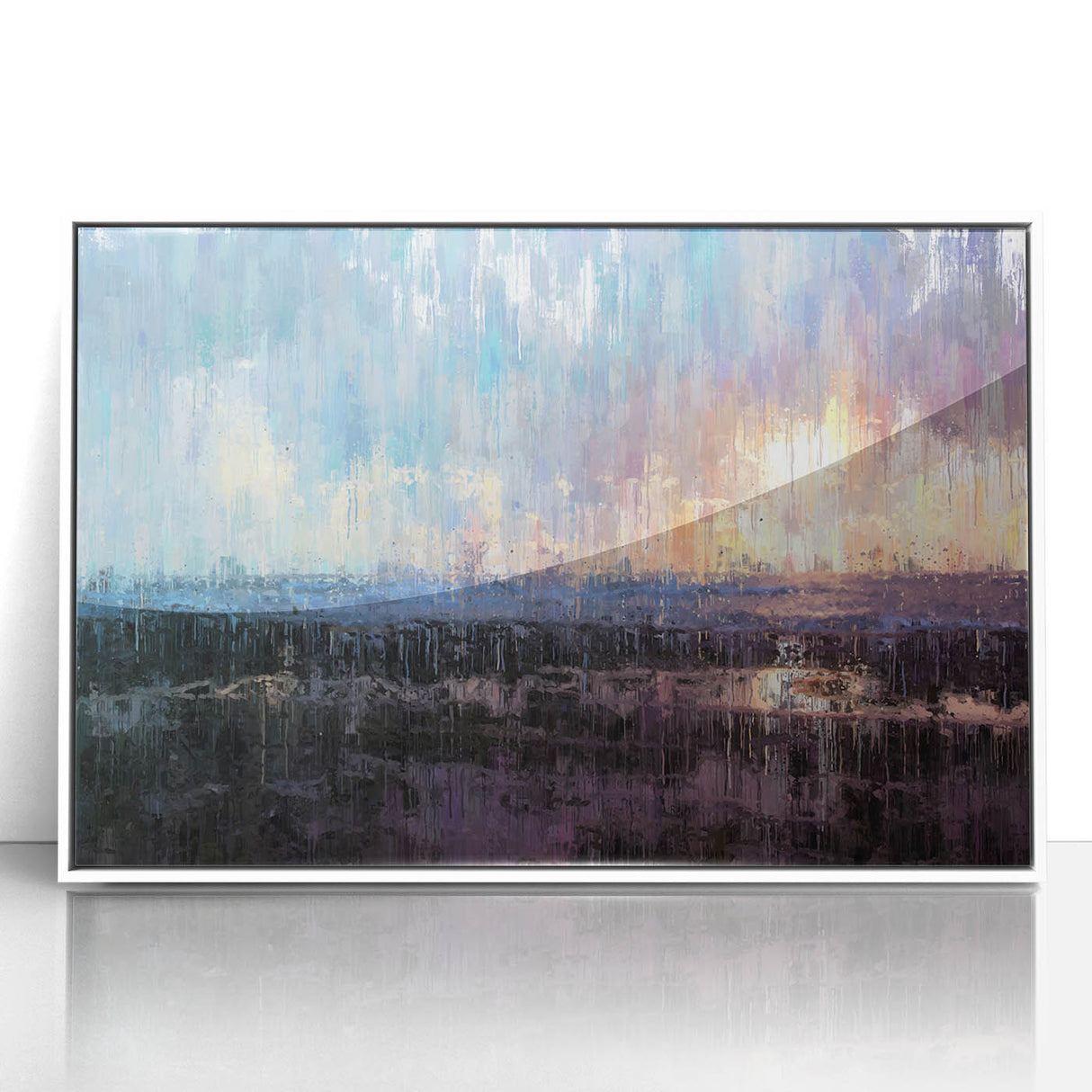 Abstract Minimalist Landscape Paintings – Blue and Violet Sunset Wall Art