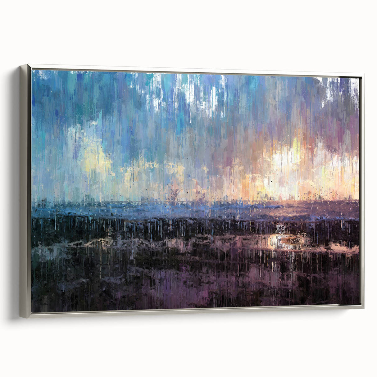 Abstract Minimalist Landscape Paintings – Blue and Violet Sunset Wall Art