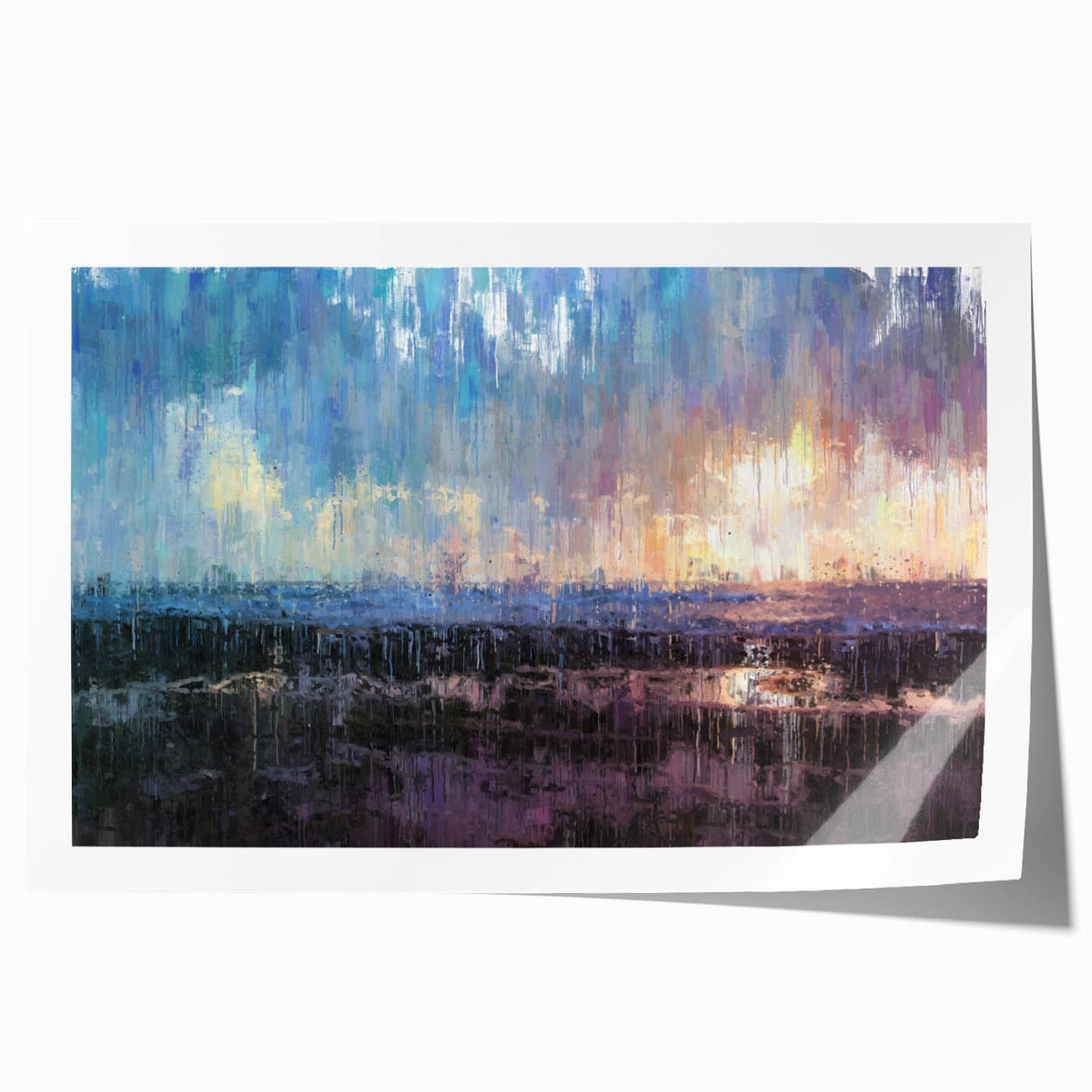 Abstract Minimalist Landscape Paintings – Blue and Violet Sunset Wall Art