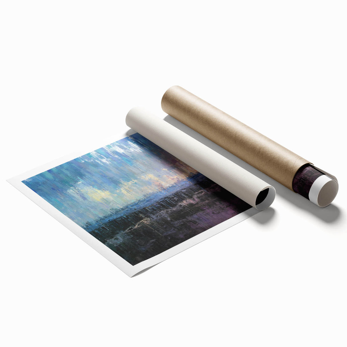 Abstract Minimalist Landscape Paintings – Blue and Violet Sunset Wall Art