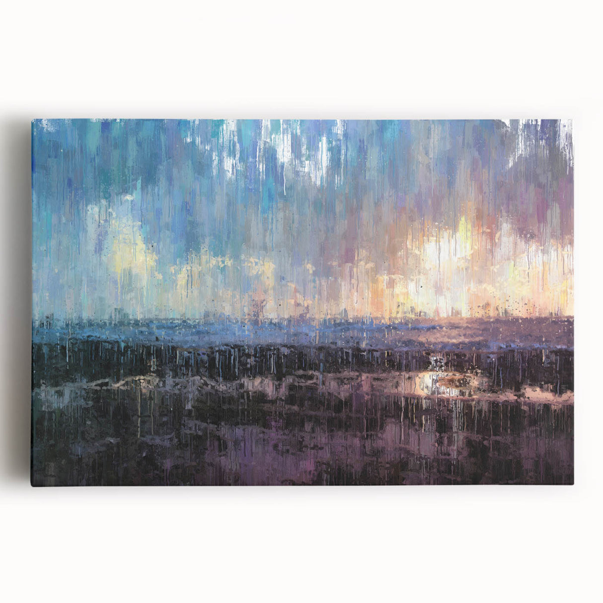 Abstract Minimalist Landscape Paintings – Blue and Violet Sunset Wall Art