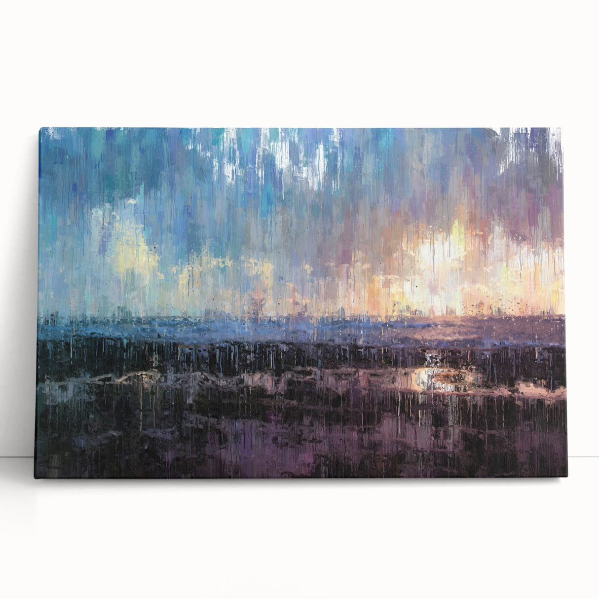 Abstract Minimalist Landscape Paintings – Blue and Violet Sunset Wall Art