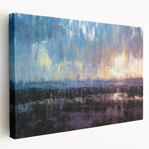 Abstract Minimalist Landscape Paintings – Blue and Violet Sunset Wall Art