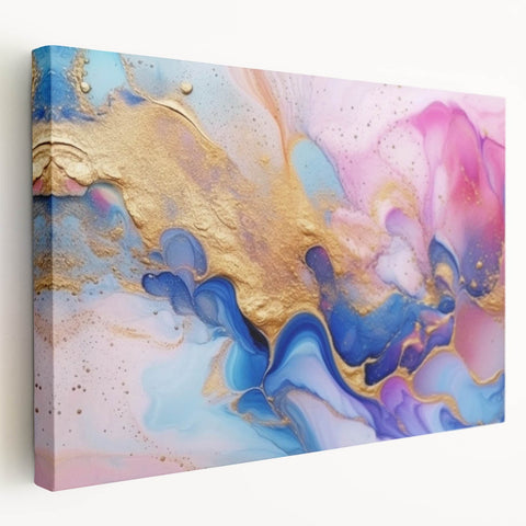 Abstract Fluid Canvas Art – Pink, Blue & Gold Modern Wall Print