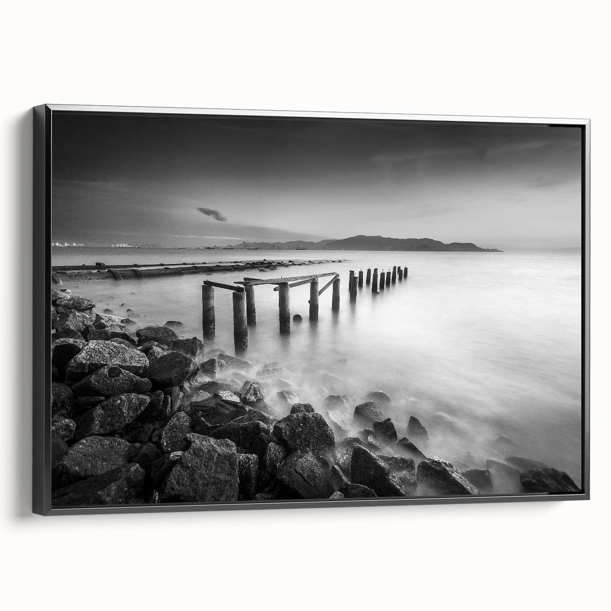 Minimalist Coastal Landscape Art – Weathered Pier in Black & White