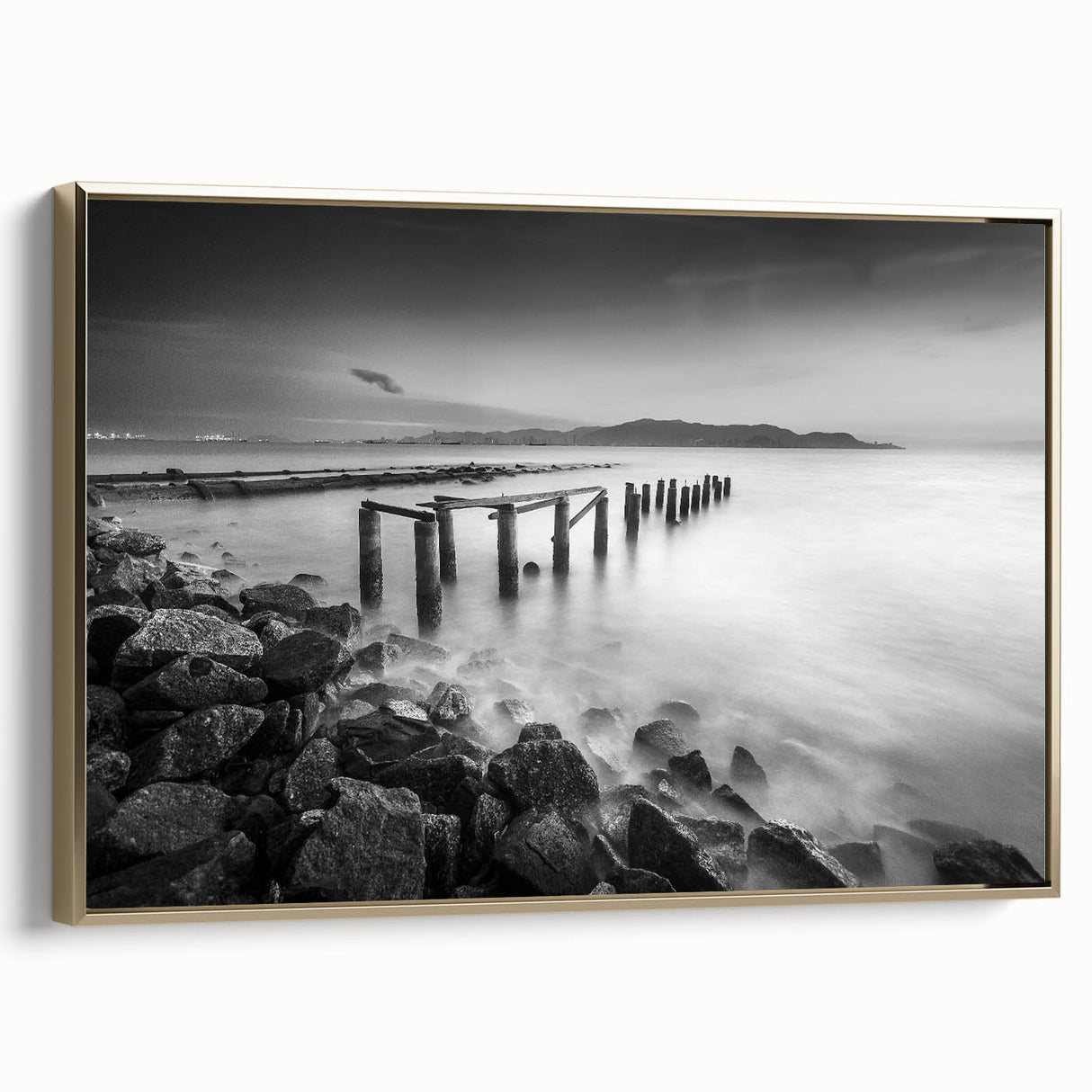 Minimalist Coastal Landscape Art – Weathered Pier in Black & White