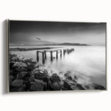 Minimalist Coastal Landscape Art – Weathered Pier in Black & White