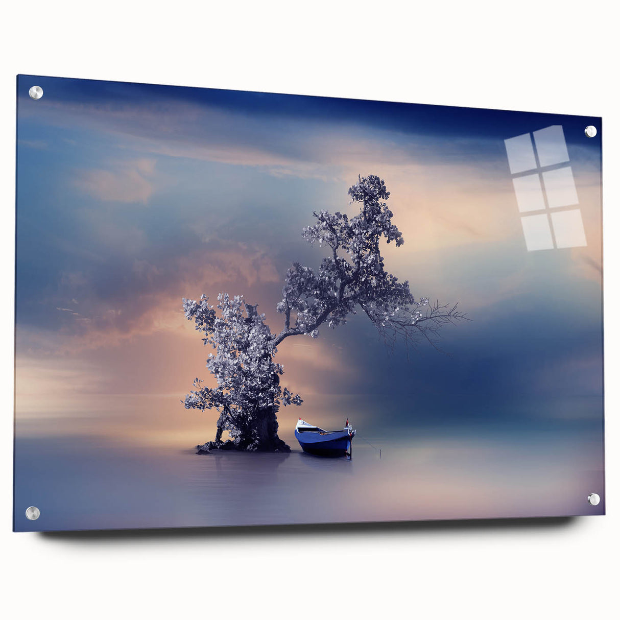 Contemporary Minimalist Nature Art – Tranquil Boat and Tree Scene