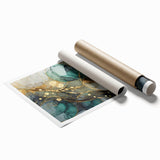 Contemporary Fluid Art Print – Teal & Gold Abstract Wall Decor