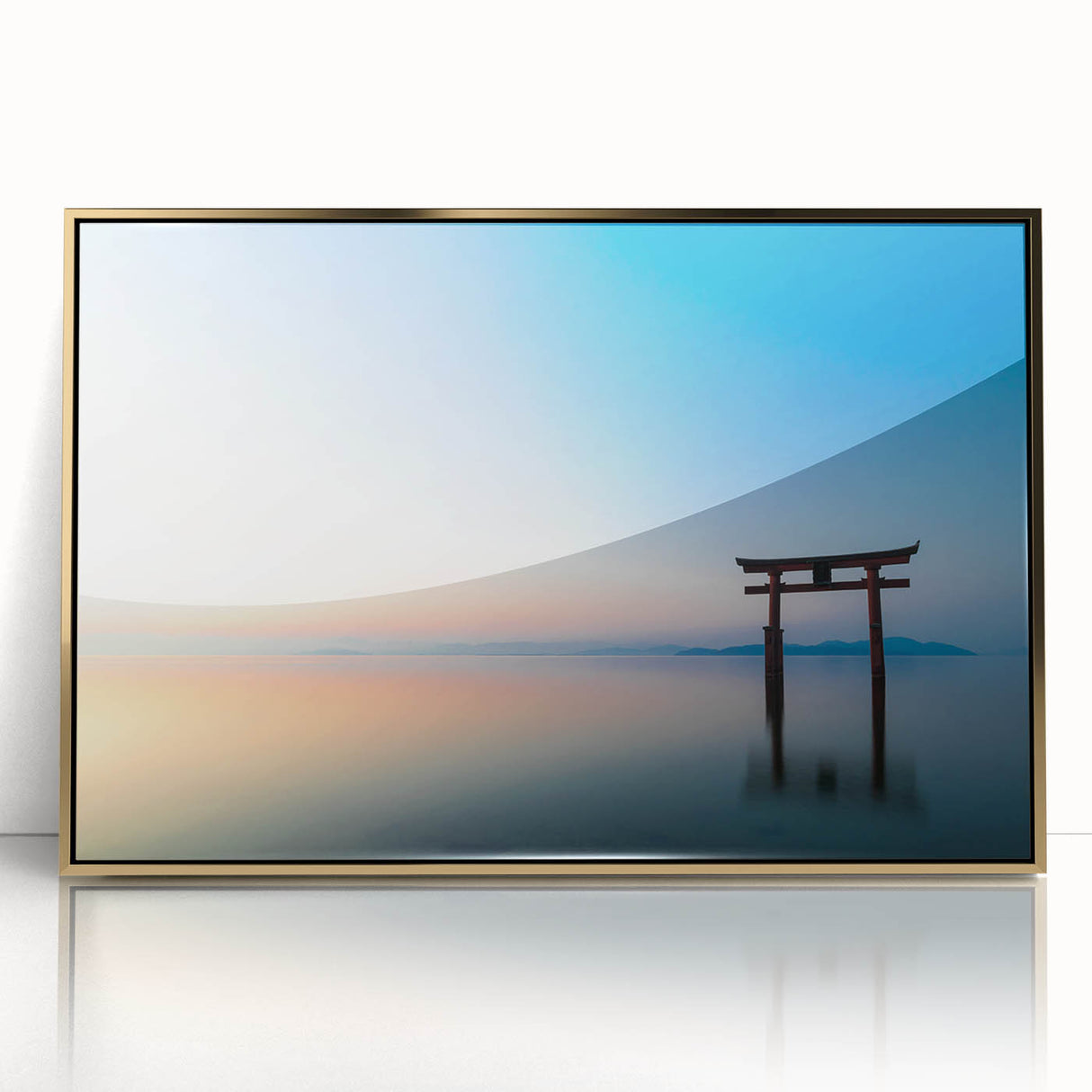 Abstract Minimalist Landscape Paintings – Torii Gate at Sunrise