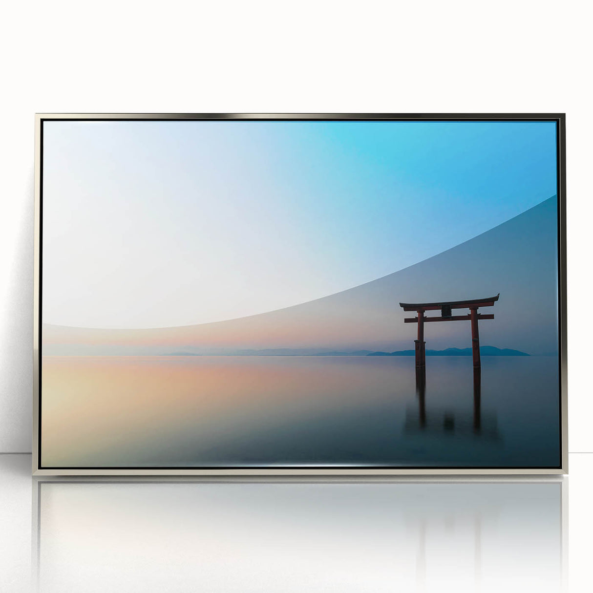 Abstract Minimalist Landscape Paintings – Torii Gate at Sunrise