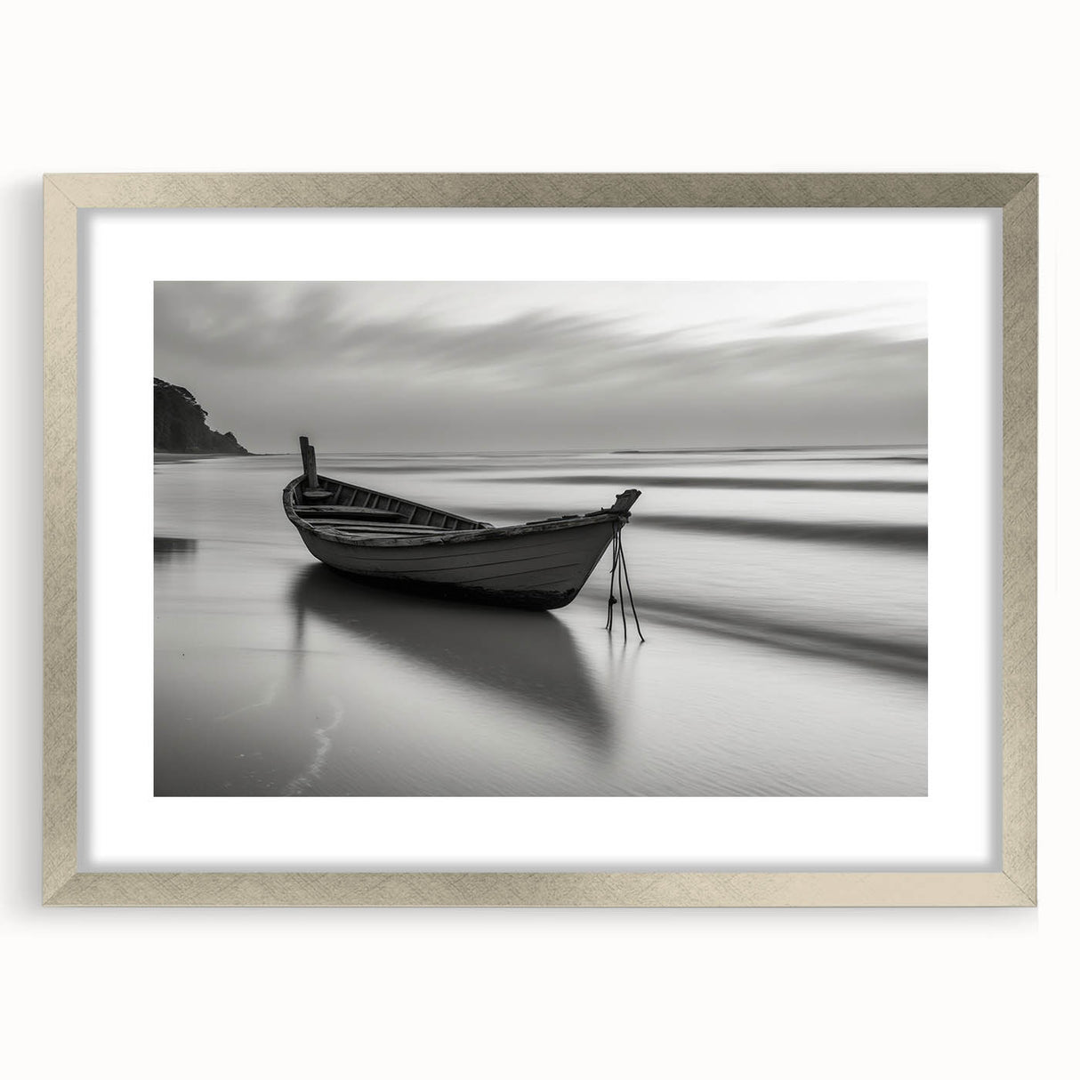 Solitary Boat on Silent Shores – Fine Art Black & White Photography