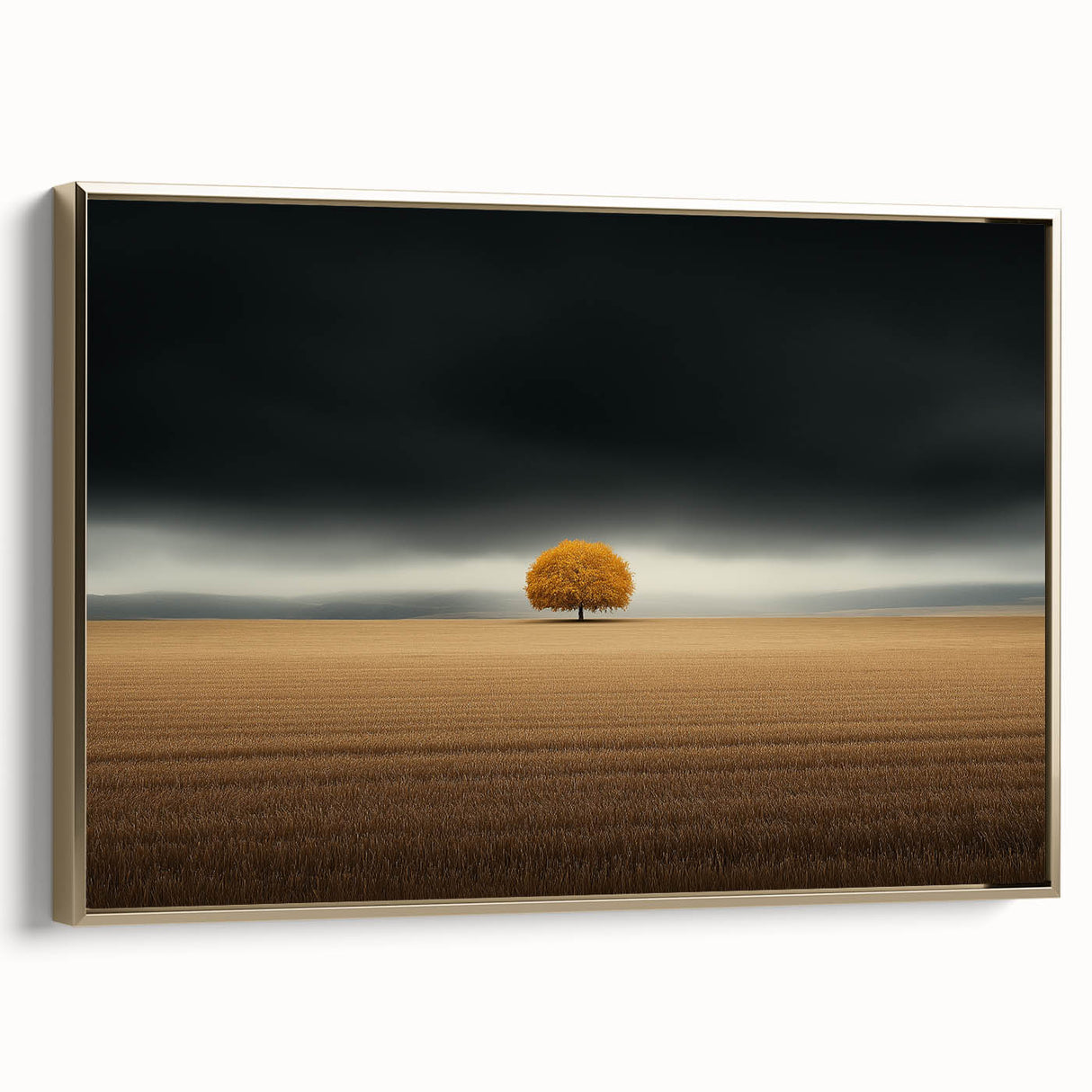 Abstract Minimalist Landscape – Lone Golden Tree in Storm Print