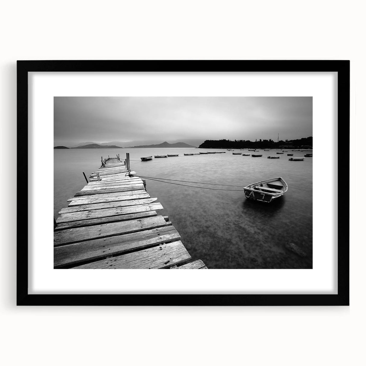 Black and White Serene Landscape Wall Art – Wooden Dock Scene