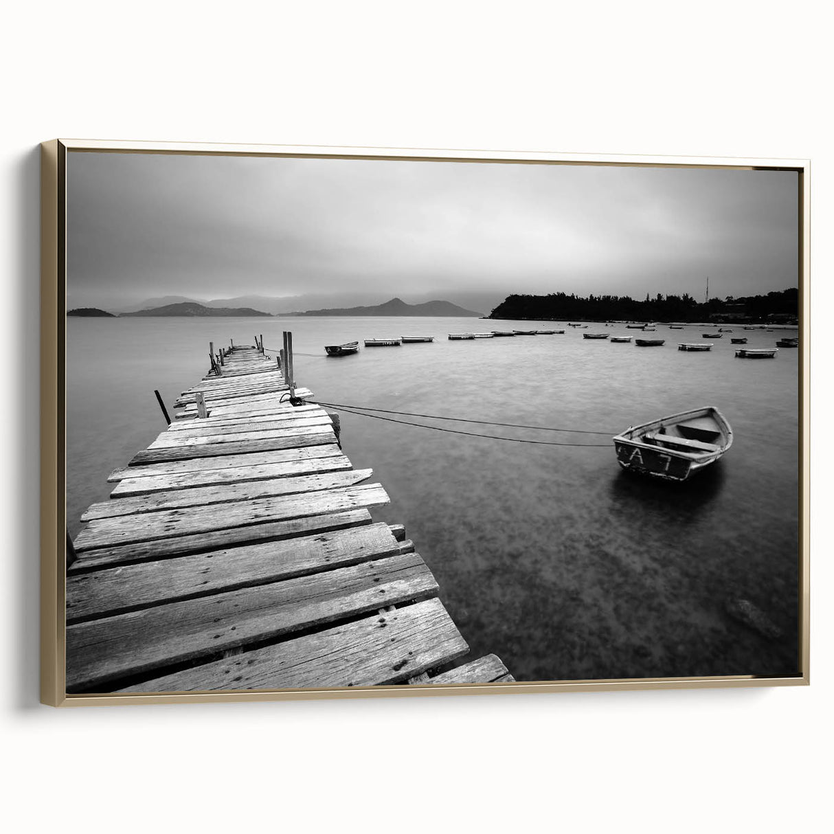 Black and White Serene Landscape Wall Art – Wooden Dock Scene