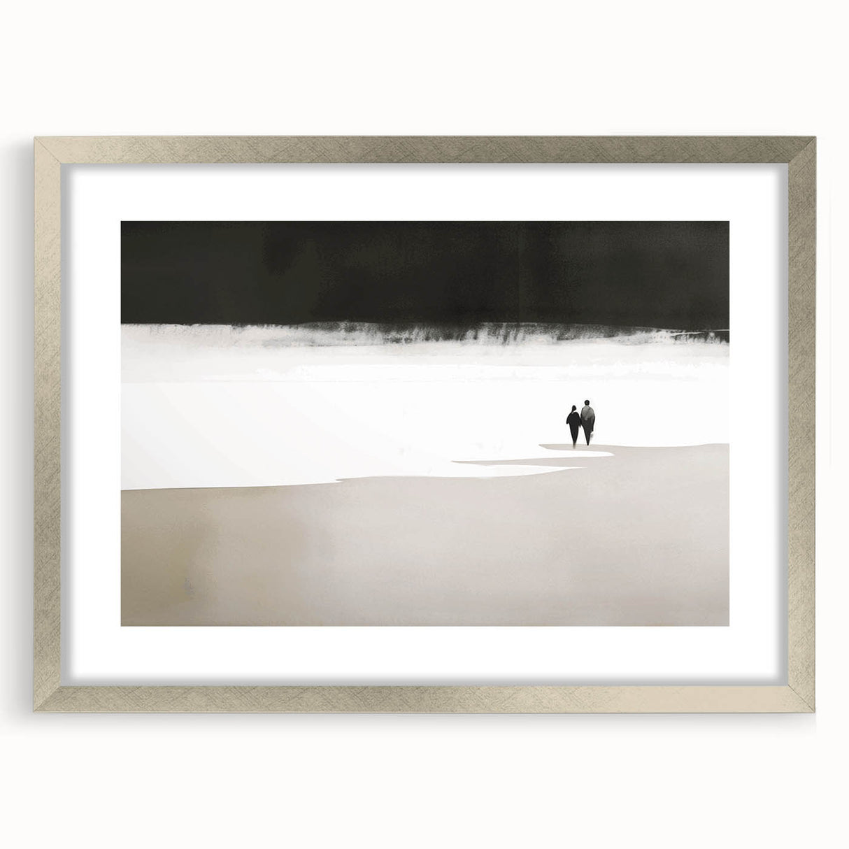 Black and White Minimalist Landscapes – Couple Walking on Shoreline