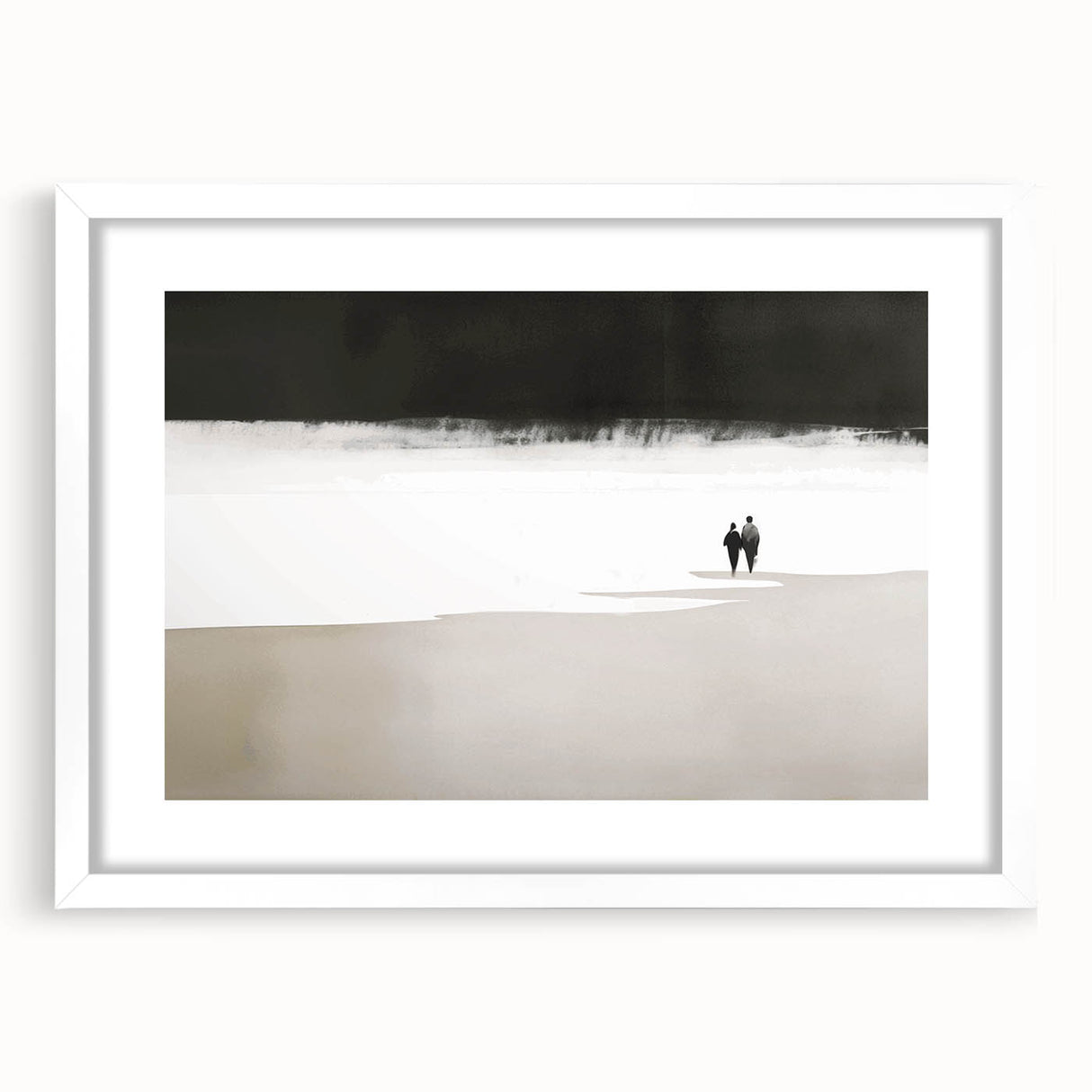 Black and White Minimalist Landscapes – Couple Walking on Shoreline