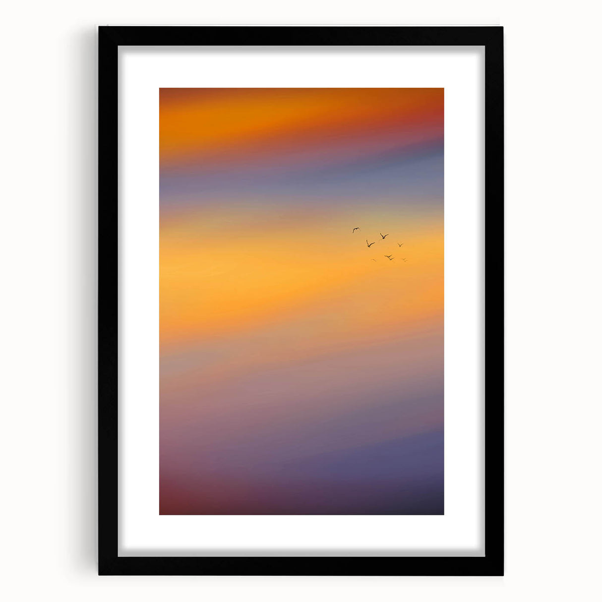 Abstract Minimalist Landscape Paintings – Birds in Sunset Gradient Sky