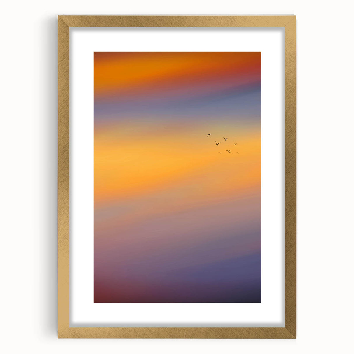 Abstract Minimalist Landscape Paintings – Birds in Sunset Gradient Sky
