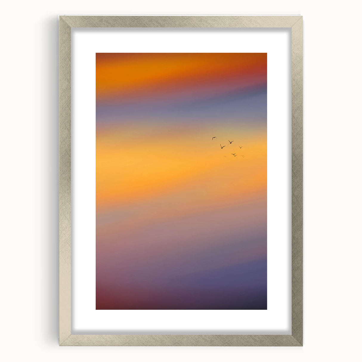 Abstract Minimalist Landscape Paintings – Birds in Sunset Gradient Sky