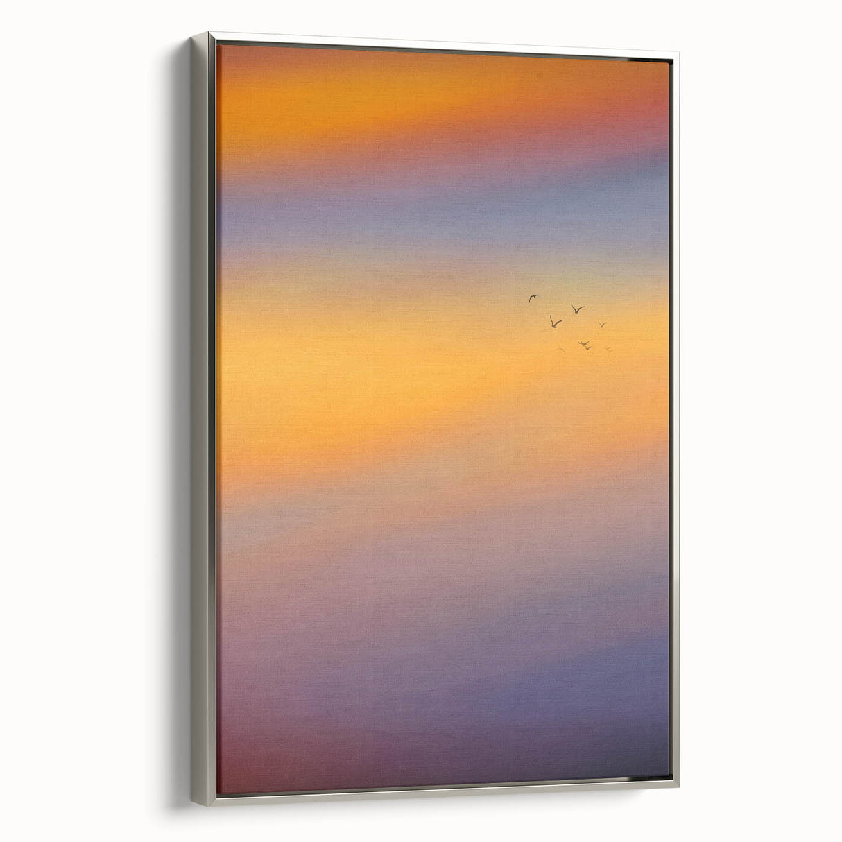 Abstract Minimalist Landscape Paintings – Birds in Sunset Gradient Sky