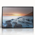 Minimalist Coastal Landscape Art – Sunset Mist Over Rocky Shoreline