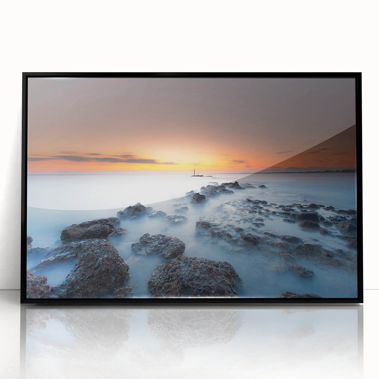 Minimalist Coastal Landscape Art – Sunset Mist Over Rocky Shoreline
