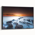 Minimalist Coastal Landscape Art – Sunset Mist Over Rocky Shoreline